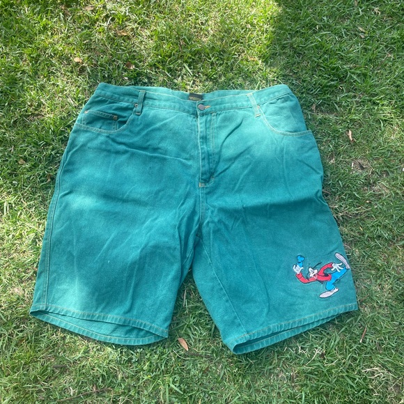 VINTAGE 90s MICKEY UNLIMITED GOOFY DENIM JEAN SHORTS JORTS 40 GREEN MICKEY - Picture 1 of 10